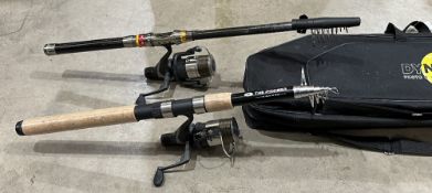 2x Telescopic Fishing rods with Drennan big feeder reels attached, plus a folding landing net