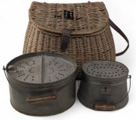 Vintage Wicker Fishing Creel and 2x Galvanised Bait Tins, the creel has some damage to its lid, both