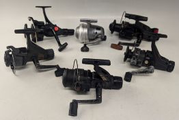 Six retro rear drag spinning reels, including DAM Quick CTE closed face reel, Silstar GXB bait