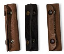 3x vintage fly line cleaners, 2 by Hardy, leather fold pattern with felt lined & stud fastening.