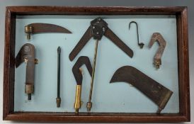 Collection of weed and twig cutters plus clearing tools, all with standard thread fittings,