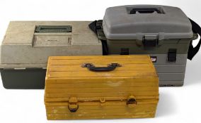 3x Plastic Fishing Tackle Boxes, with sea fishing accessories, to include large squid lures, line,