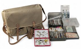 Canvas Fishing Tackle Bags, with accessories - Hockney minnow tins with contents, a Fox box with