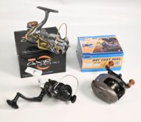 A Bay Cast Reel, low profile multiplier, level wind, star drag, mint in box, a Leeda GXR Spin 40