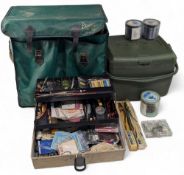 Vintage Efgeeco Fishing Tackle Seat Box, with contents of Maxima line, swivels, trolling lures,