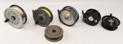 A collection of fly reels, as follows: Intrepid Rimfly Concept 375 alloy cassette reel with spare