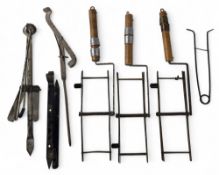 3x early wood handled folding metal line driers, sliding reel fittings plus some folding vintage rod