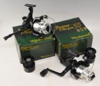 Pair of Wychwood Rogue Freespin 50 specimen baitrunner reels, c/w spare spools, as new in MOB. (2)