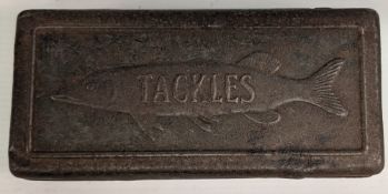 Vintage Tackles tin with embossed pike to lid, holding a pike gag, Gazette float, wire trace with