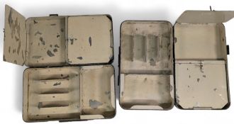 2x Hardy black japanned lure/tackle boxes, maker's nickel logo plates to lid, one box refinished. (