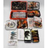 Collection of mixed salmon flies, as follows: Alloy fly and cast box with salmon doubles and cone