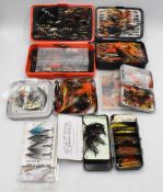 Collection of mixed salmon flies, as follows: Alloy fly and cast box with salmon doubles and cone