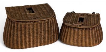 Split Reed Fishing Creels, a large 35cm x 30cm x 20cm with hinged lid, plus a small example with