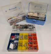 Three boxes containing quantity of vintage rod fittings, including brass ferrules, alloy collars,