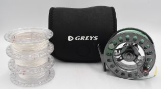 Greys Alnwick QRS-2 5/6 - 7/8 alloy cassette trout fly reel No 00G19GU with 3 spare cassettes,