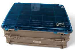 Large Plano multi compartment tackle box with handle, holding selection of Devon/quill minnows,