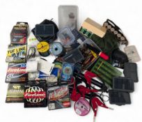 Large mixed box of fishing accessories including boxed line, scales, forceps, multi tools, various