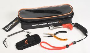 Savage Gear Zipped Case containing unused Savage Gear Pliers in belt sleeve with lanyard and