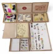6x Wooden Fly Boxes, with salmon and trout flies, a good mixture wet and dry on single and double