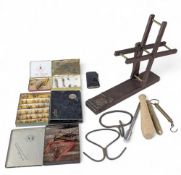 Wooden line dryer, priests, metal, brass and a wooden turned example, Salter scales 0-10 lb, 2 metal
