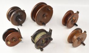 A collection of mahogany and brass centre pin reels, all in working order. Use or display - 6x reels