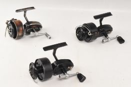 3x early Mitchell half bail spinning reels, one with turned alloy handle, two with spring fold