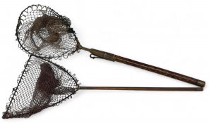 2x Period Fishing Landing Nets, hard wood handle with triangle shaped neck head patented in the