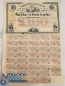 State of South Carolina - 6% Loan. Bearer Bond for £100 Sterling. Unissued reserve stock 1871.