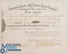 Australasian Pacific Mail Steam Packet Company £20 Share Certificate No. 727 dated 12th October