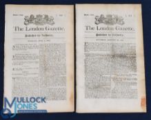 London Gazette Newspaper (2) America War of 1812 - The Chesapeake Expedition - in July/August 1814