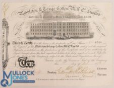 Middleton & Tonge Cotton Mill Co Ltd (Rochdale). Certificate for 5 shares 1873. Superb view of