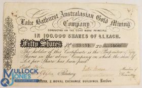 Australian Gold Rush Period; Lake Bathurst Australian Gold Mining Company c1850. Certificate for