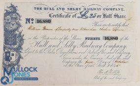 Hull and Selby Railway Company. Certificate for one £25 half share 1845. Coat of arms at left,