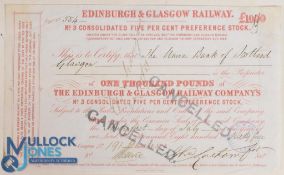 Edinburgh & Glasgow Railway. Certificate for £1,000 Stock made out to 
