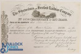 The Shrewsbury and Hereford Railway Company (a 50-mile line opened in 1853). certificate for one £20