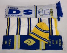 Period Leeds United Hat and Scarves: to include a woollen knitted bobble hat c1960, and c1970 scarf,