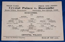 1945/46 Team card Boscombe v Crystal Palace 2nd March 1946 at Dean Court, Boscombe; single sheet,