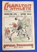 1938/1939 Charlton Athletic v Aston Villa Div. 1 match programme 8 April 1939; crease, back cover