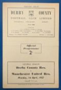 1956/57 Derby County reserves v Manchester United. Central League match programme, 4 pager 1 April