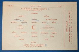 1950/51 Manchester United reserves v Aston Villa Central League single sheet match programme; team