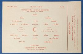 1949/50 Manchester Utd reserves v Chesterfield Central League match programme 28 January 1950;