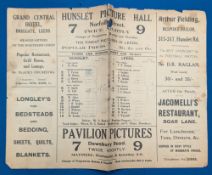 1911 Rugby League Programme Hunslet v Leeds from the Parkside Echo, in fragile condition having a