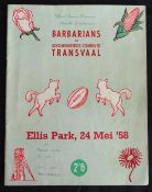 1958 Combined Transvaal v Barbarians Rugby Programme: V small writing to cover of o/wise VG large