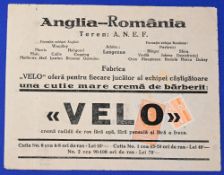 Scarce 1939 Romania v England international match at Bucharest 24 May 1939, the last international