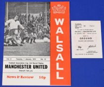 1974/75 FA Cup Walsall v Manchester Utd 3rd round replay match programme + match ticket 7 January