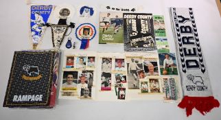 Derby County FC memorabilia to include Pennants, Rosettes, Badges, Keyring, Book, Stationary Set,