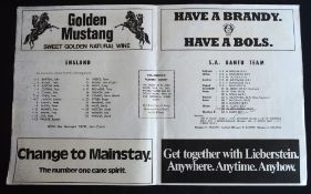 1972 Rare SA Bantu v England Rugby Team Sheet: Interesting and rare team sheet and welcome insert '