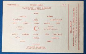 1952/53 Manchester Utd reserves v Everton Central League match programme 6 September 1952 single