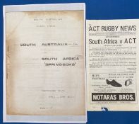 1971 ACT and S Australia v S Africa Rugby Programmes (2): Slim 4pp at Canberra (slight loss to