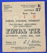 TICKET: 1938 FAC final Preston NE v Huddersfield Town at Wembley match ticket Entrance 37 Row 1 Seat